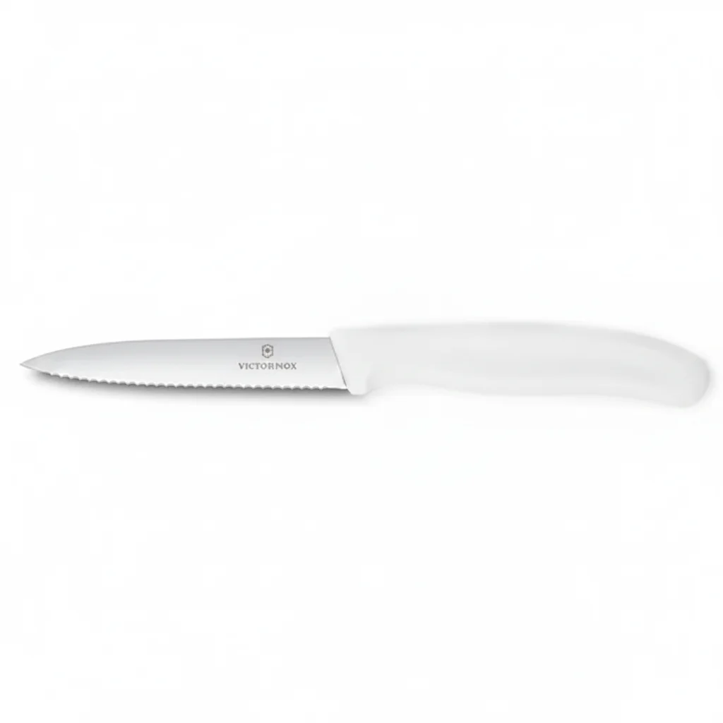 תמונת מוצר - סכין ירקות Victorinox להב משונן שפיץ ידית לבנה שוויצרית (סטודיו)