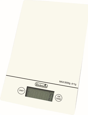 תמונת מוצר - משקל מטבח דיגיטלי זכוכית Kitchenette עד 5 ק"ג דיוק 1 גרם – לבן קרם